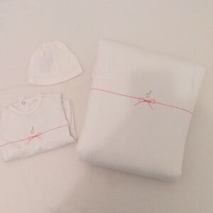 White Baby Blanket and Outfit Set with Pink Accents